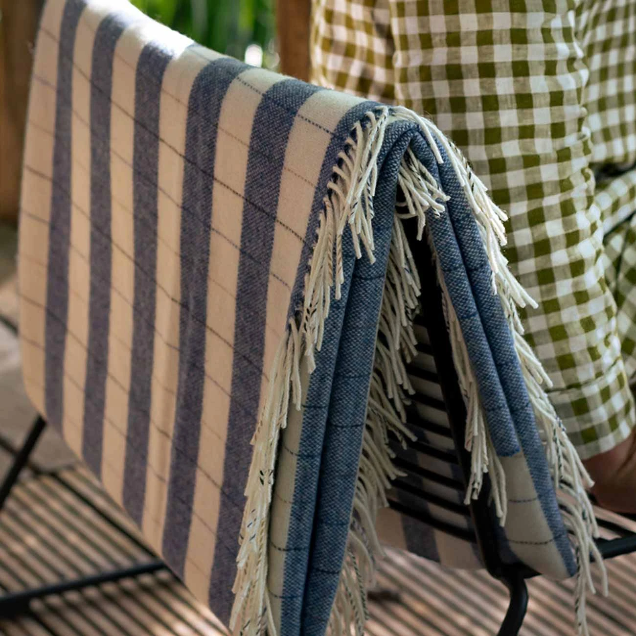 Warm Blue Checked Stripe Wool Blanket - Image 5