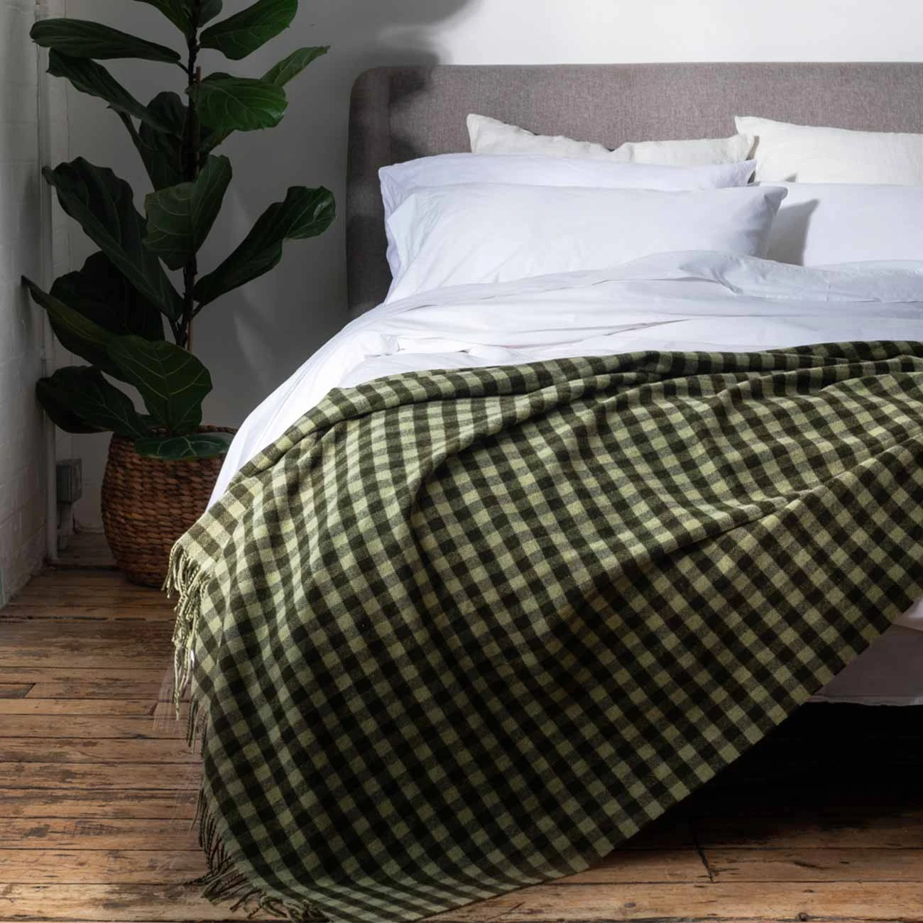 Botanical Green Gingham Wool Blanket - Image 4