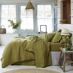 Botanical Green Linen Duvet Cover