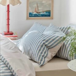 Warm Blue Seersucker Stripe Cotton Pillowcases (Pair)