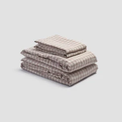 Mushroom Gingham Linen Sheet Set